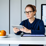 A professional adult in modest, comfortable activewear, sitting at a clean, modern desk, attentively looking at a tablet displaying futuristic health analytics. The tablet screen shows abstract data visualizations related to personalized health metrics. The setting is a brightly lit, minimalist home office, emphasizing a proactive approach to well-being. The subject has a natural pose and thoughtful expression. This image represents data-driven preventive healthcare. Professional photography, high quality, studio lighting, fully clothed, appropriate attire, safe for work, perfect anatomy, correct proportions, natural body proportions, well-formed hands, proper finger count, modest, family-friendly, appropriate content.