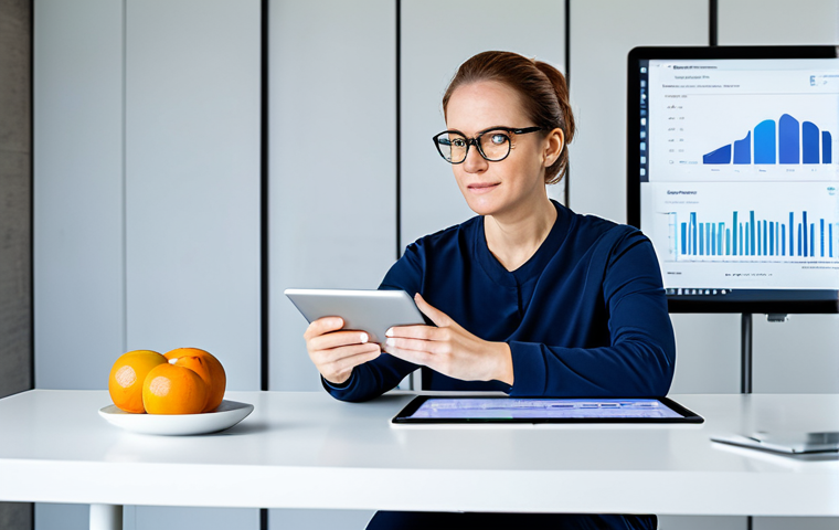 A professional adult in modest, comfortable activewear, sitting at a clean, modern desk, attentively looking at a tablet displaying futuristic health analytics. The tablet screen shows abstract data visualizations related to personalized health metrics. The setting is a brightly lit, minimalist home office, emphasizing a proactive approach to well-being. The subject has a natural pose and thoughtful expression. This image represents data-driven preventive healthcare. Professional photography, high quality, studio lighting, fully clothed, appropriate attire, safe for work, perfect anatomy, correct proportions, natural body proportions, well-formed hands, proper finger count, modest, family-friendly, appropriate content.